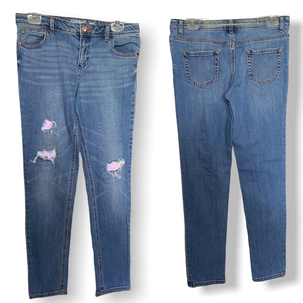 Cat & Jack Girls Jeans Sz 16 Skinny Stretch Blue Sequined Holes Adjustable Waist